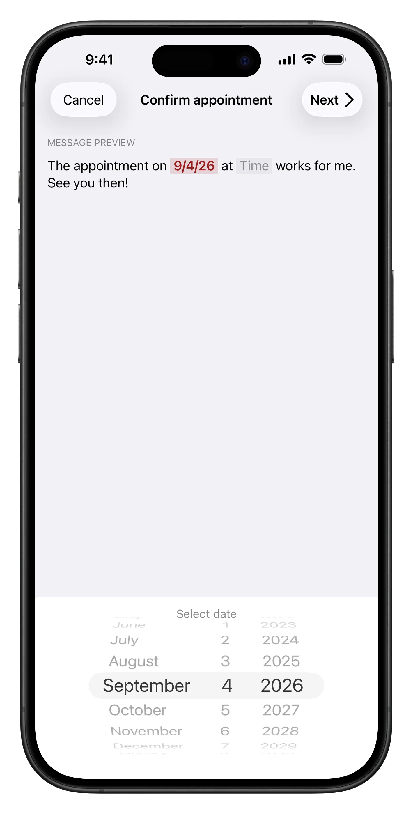 Date picker filling the date placeholder of a message