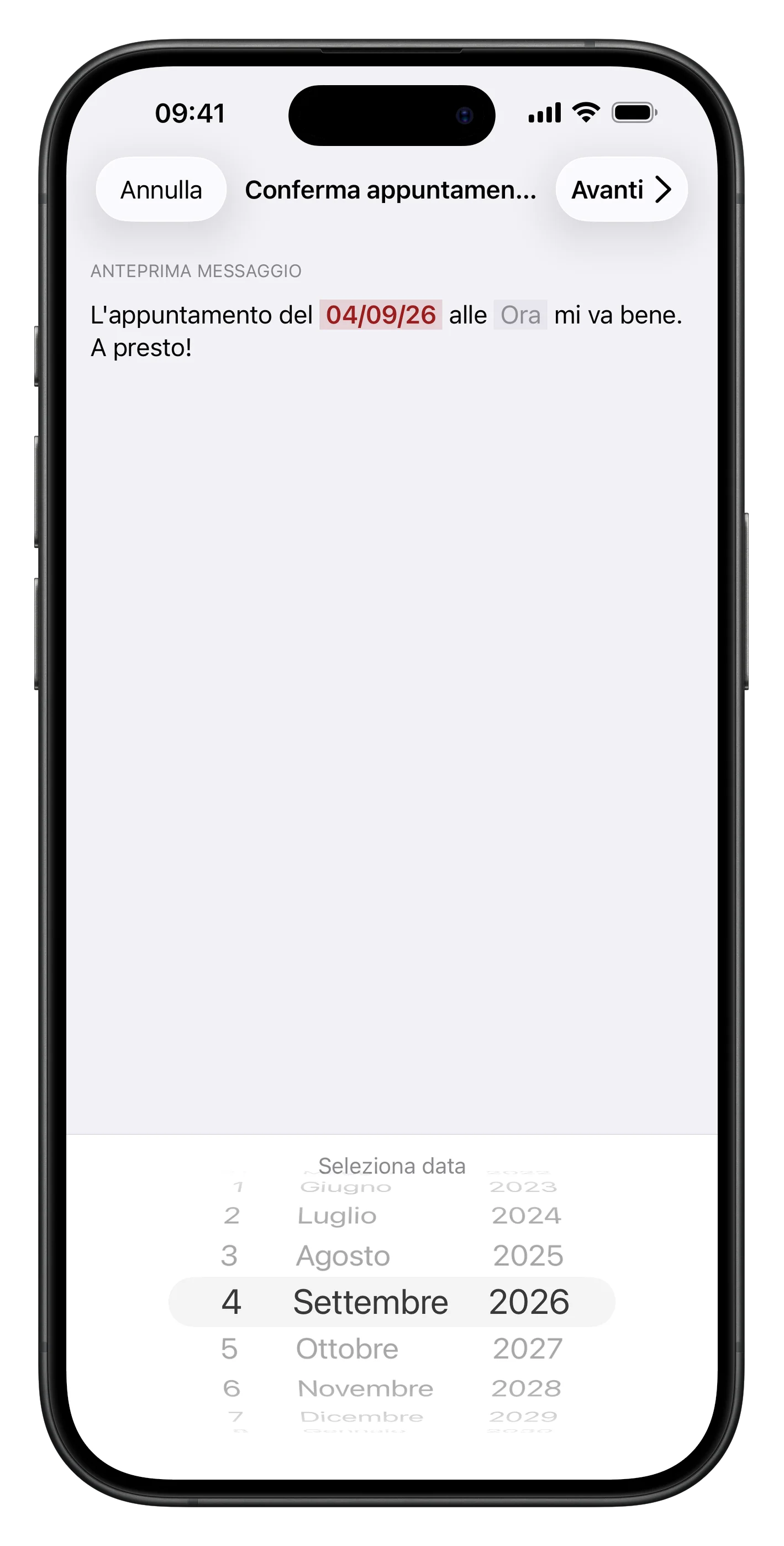 Selettore di date che riempie il segnaposto data di un messaggio