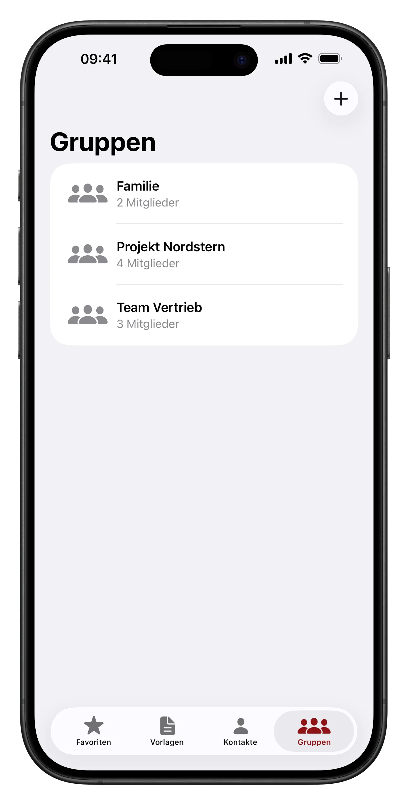 Gruppen-Tab mit drei Gruppen und ihrer Mitgliederzahl