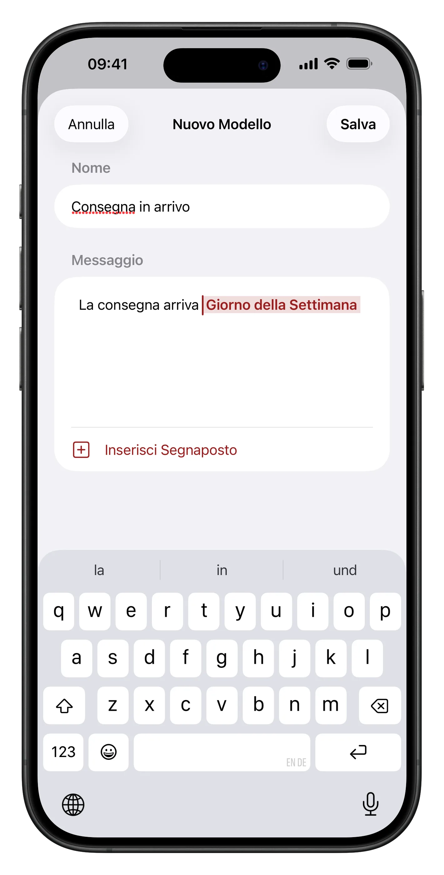 L’editor di TellAndReply con un messaggio e due segnaposto