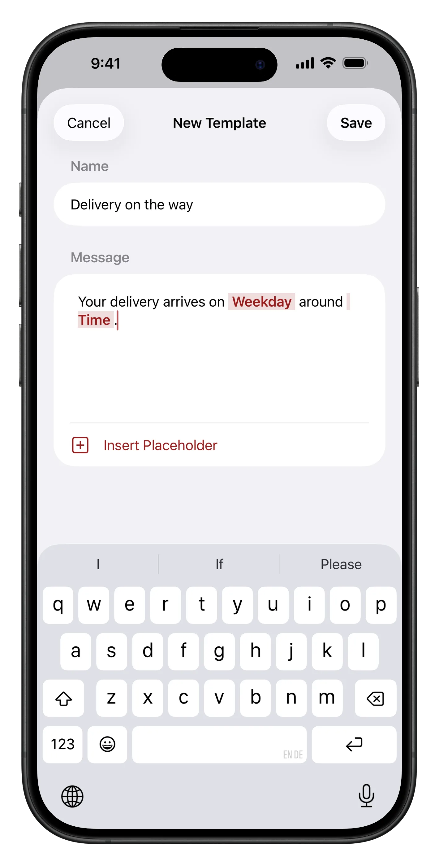 The TellAndReply editor with a message and two placeholders