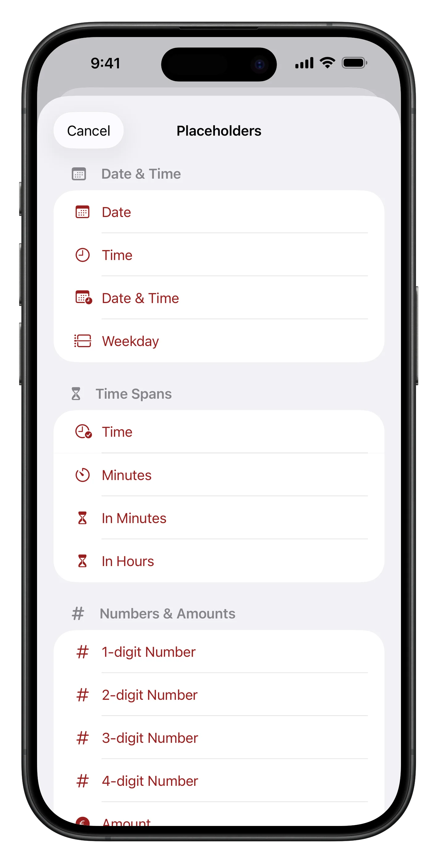Placeholder picker open in the editor