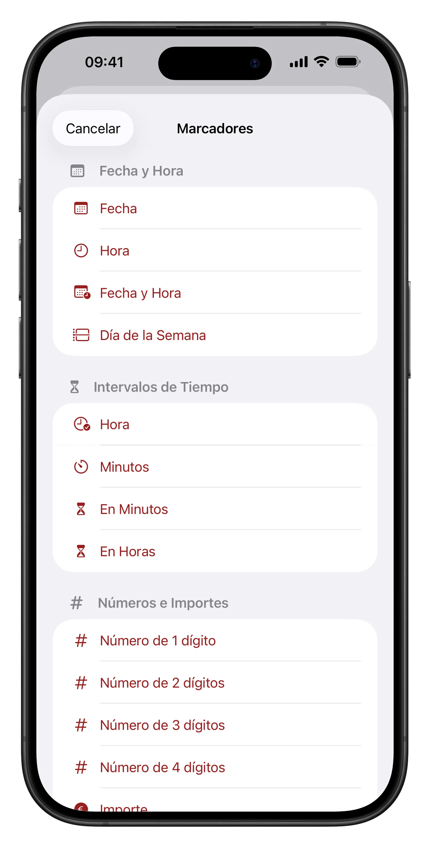 Selector de marcadores abierto en el editor