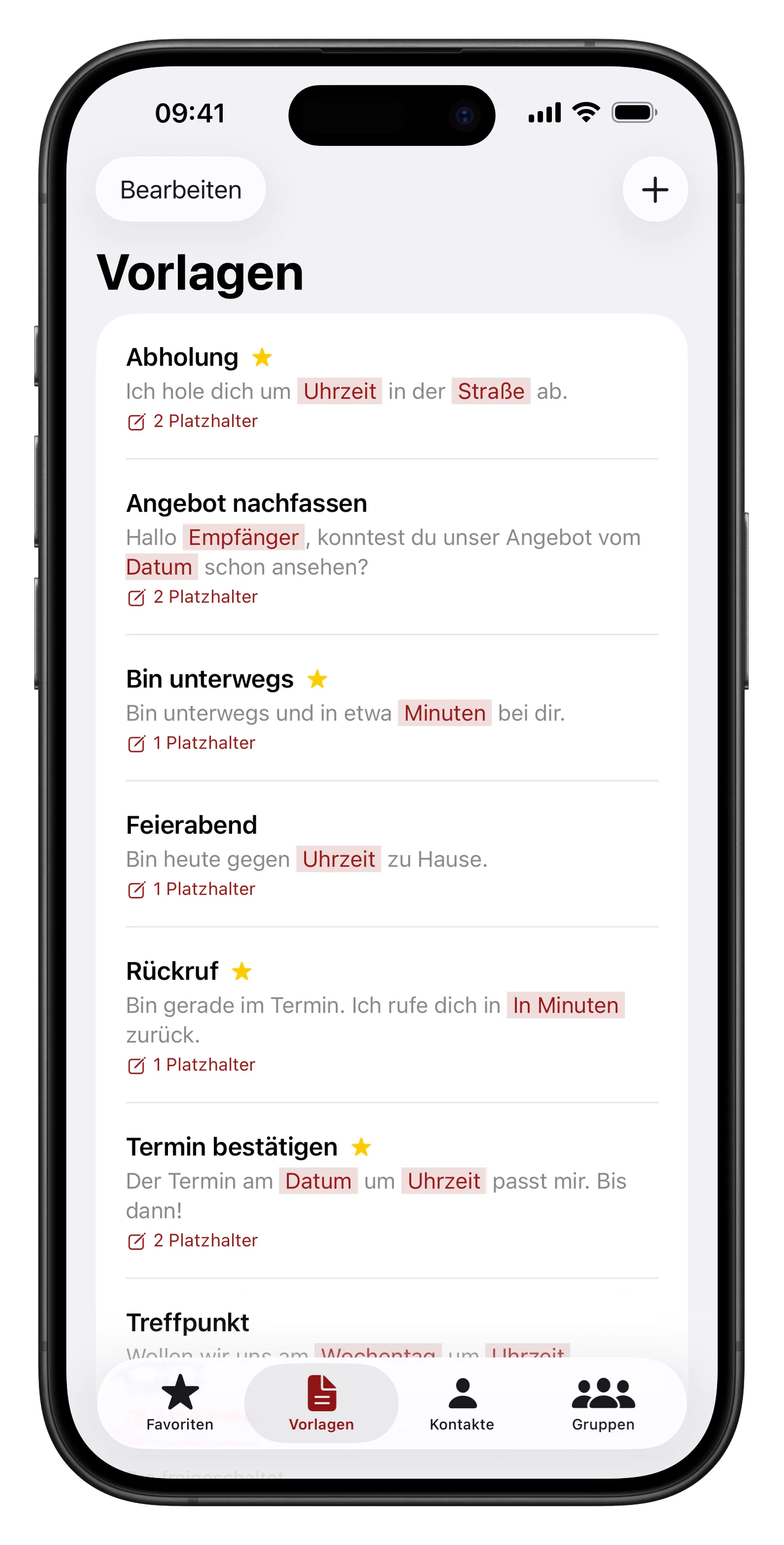 Vorlagenliste mit den Favoriten oben