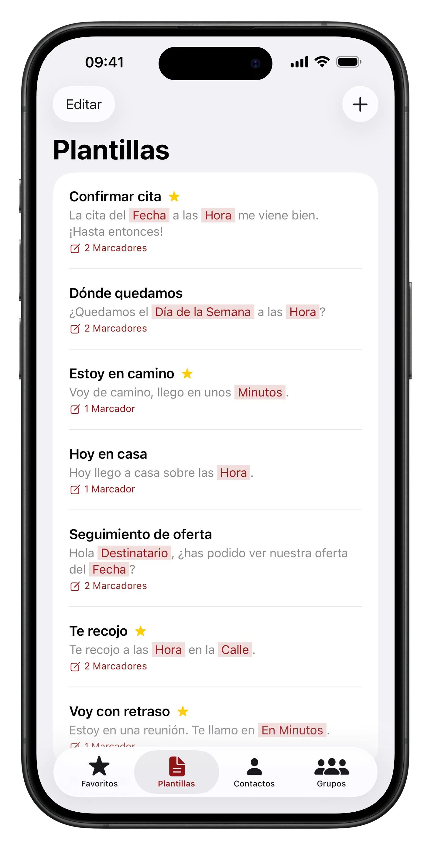 Lista de plantillas con los favoritos arriba