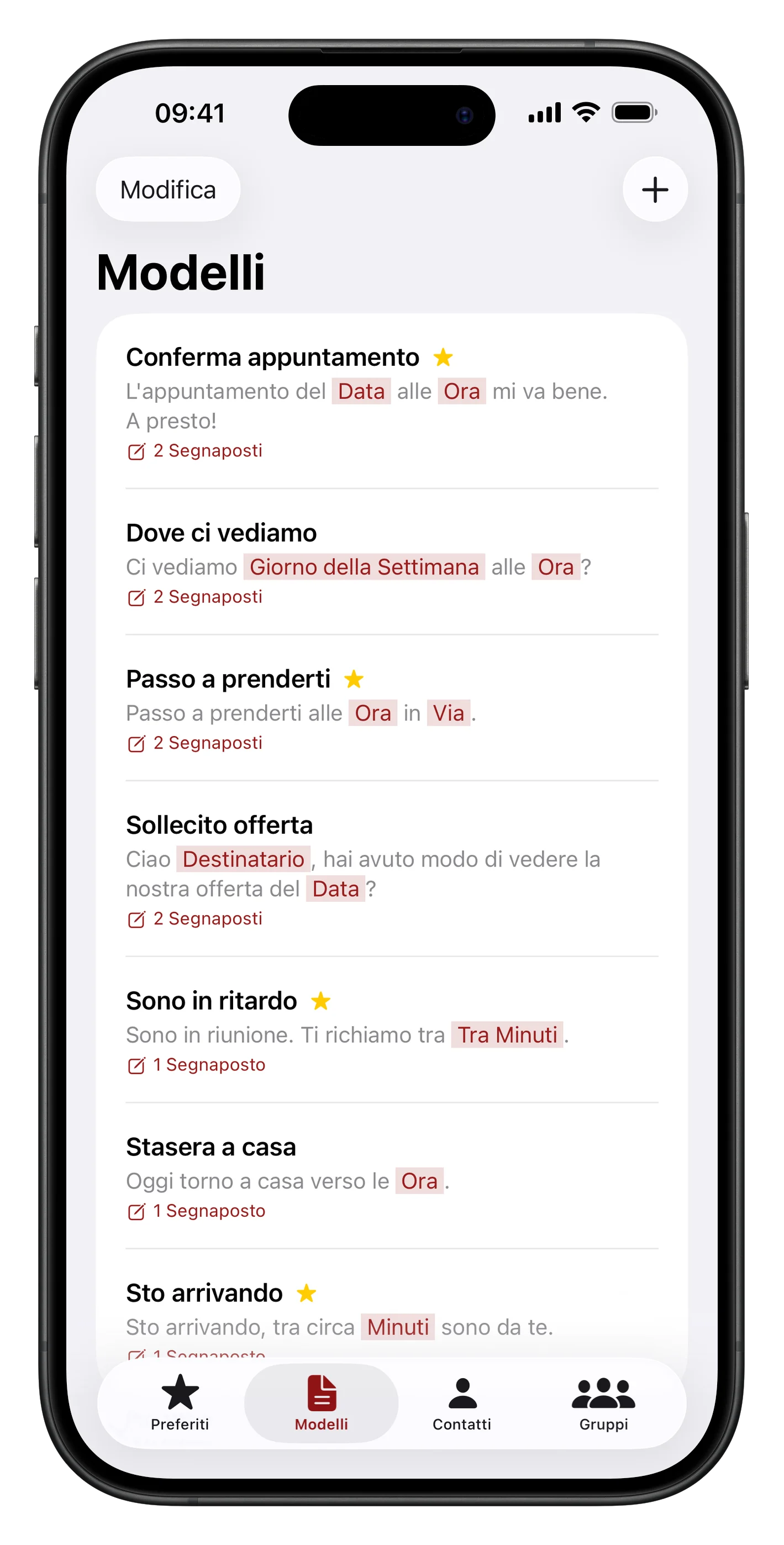 Elenco dei modelli con i preferiti in alto